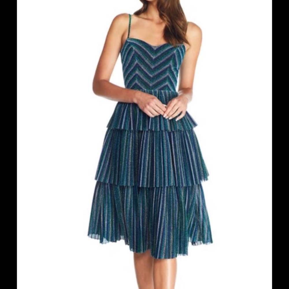 Dress the population blue silver tiered midi cocktail dress
